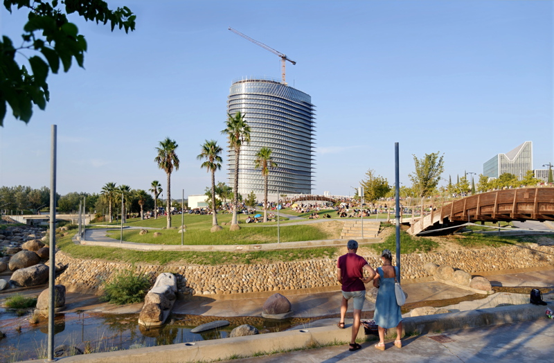 19 - The iconic Torre del Agua rising above the landscaped grounds and dry whitewater channel at the Parque del Agua Luis Buñuel in Zaragoza, Spain!